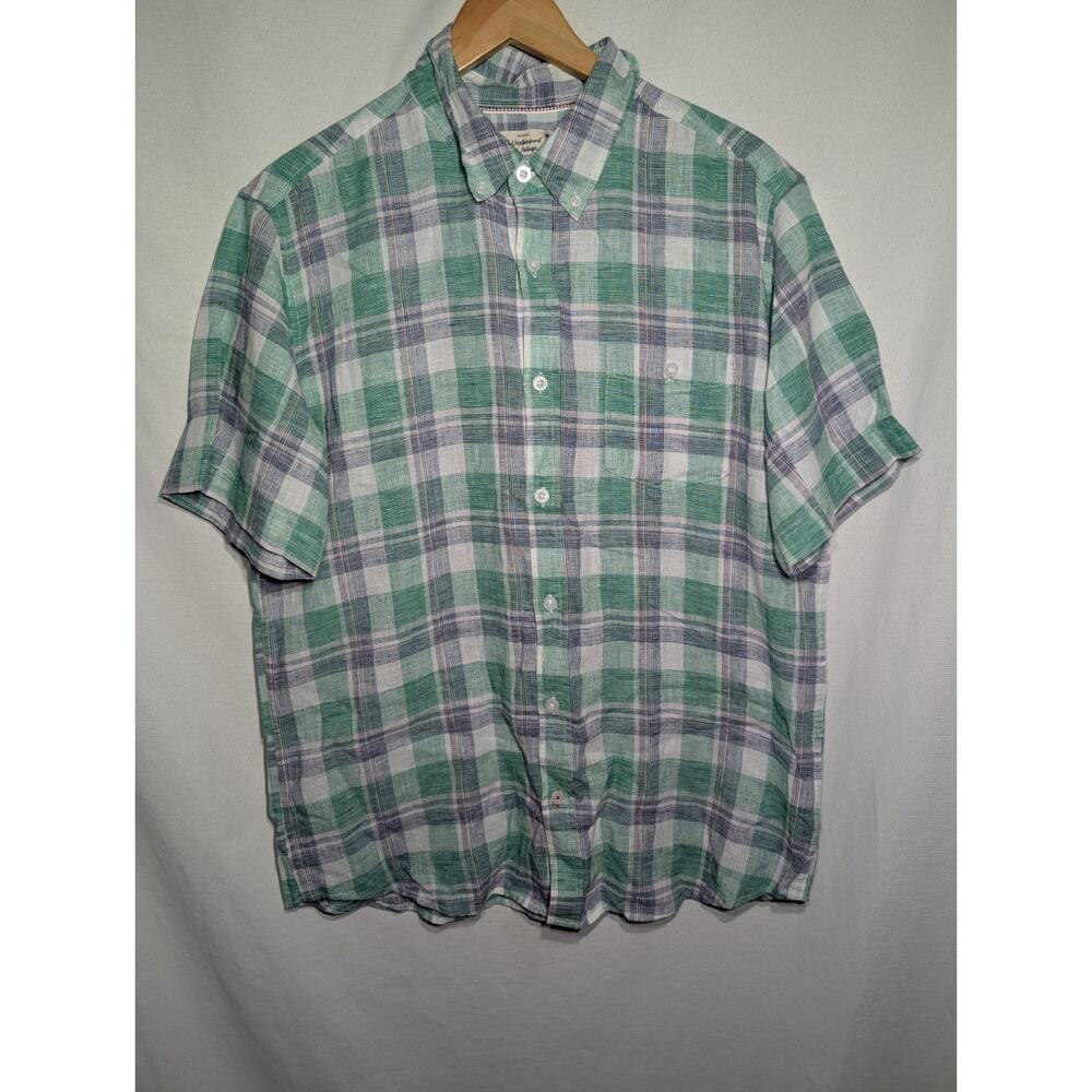 Weatherproof Vintage Mens Washable Linen Shirt L Green Plaid Oxford Short Sleeve